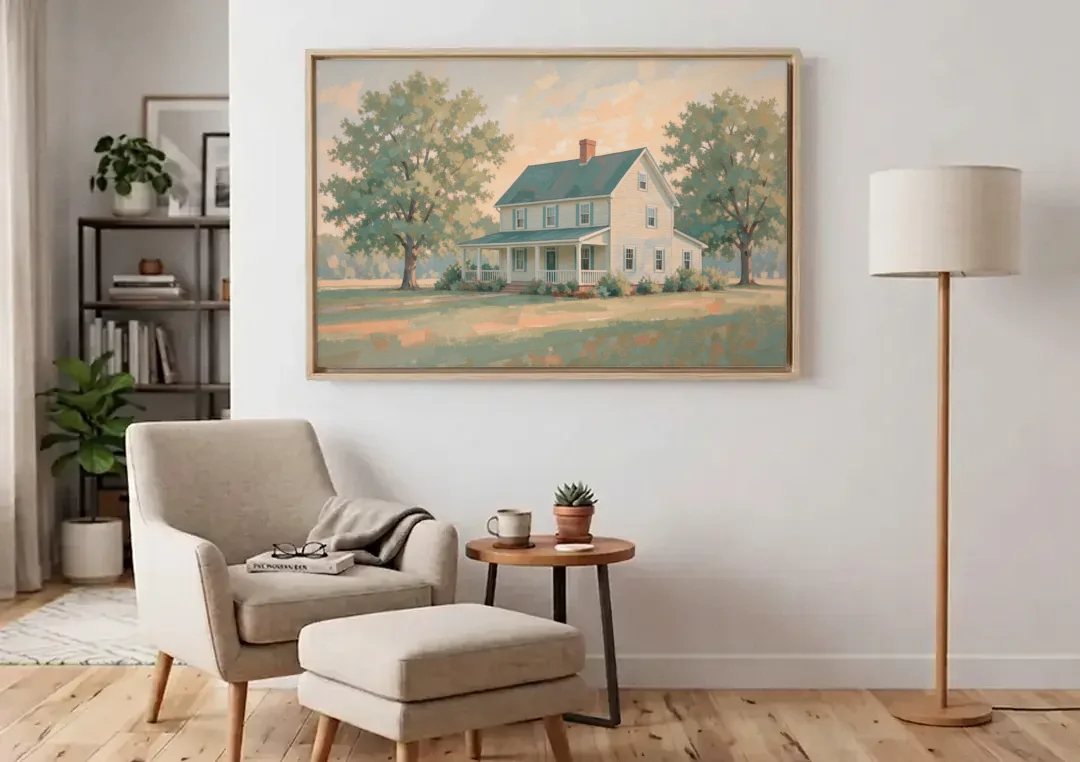 Farmhouse Wall Decor with a Deep Front Porch canvas wall art above an armchair in a bright living room