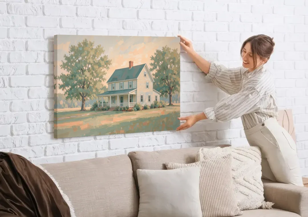 Farmhouse Wall Decor with a Deep Front Porch canvas wall art being hung on a white brick wall above a sofa