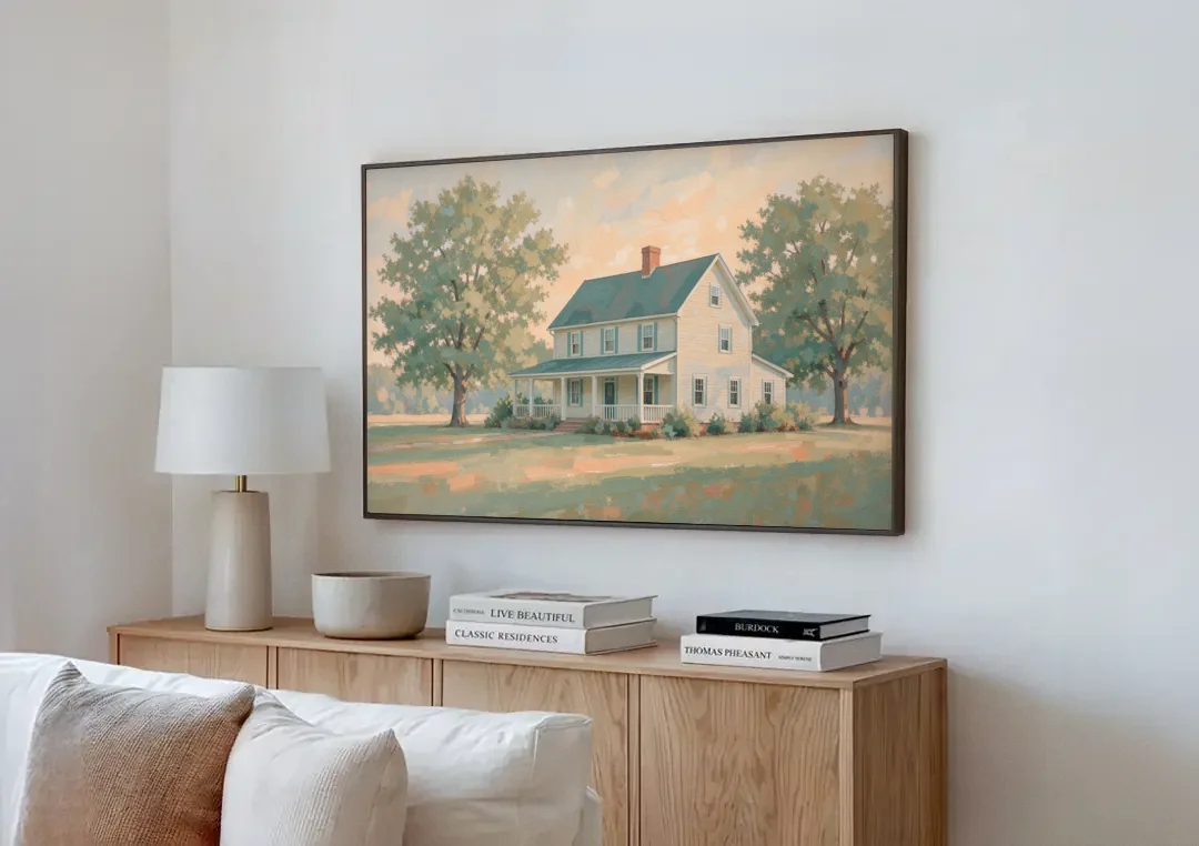 Farmhouse Wall Decor with a Deep Front Porch canvas wall art above a wooden sideboard next to a sofa