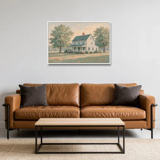 Farmhouse Wall Decor with a Deep Front Porch - White Framed Canvas Wall Art - Sofa - 36x24