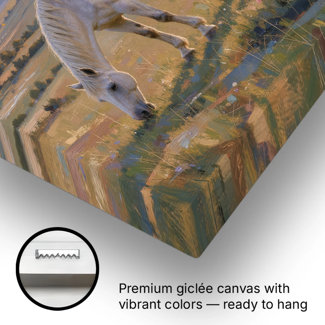 Farmhouse White Horse Grazing at Twilight - Canvas Wall Art - Gallery Wrap Corner