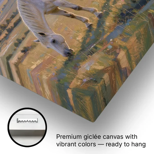 Farmhouse White Horse Grazing at Twilight - Canvas Wall Art - Gallery Wrap Corner