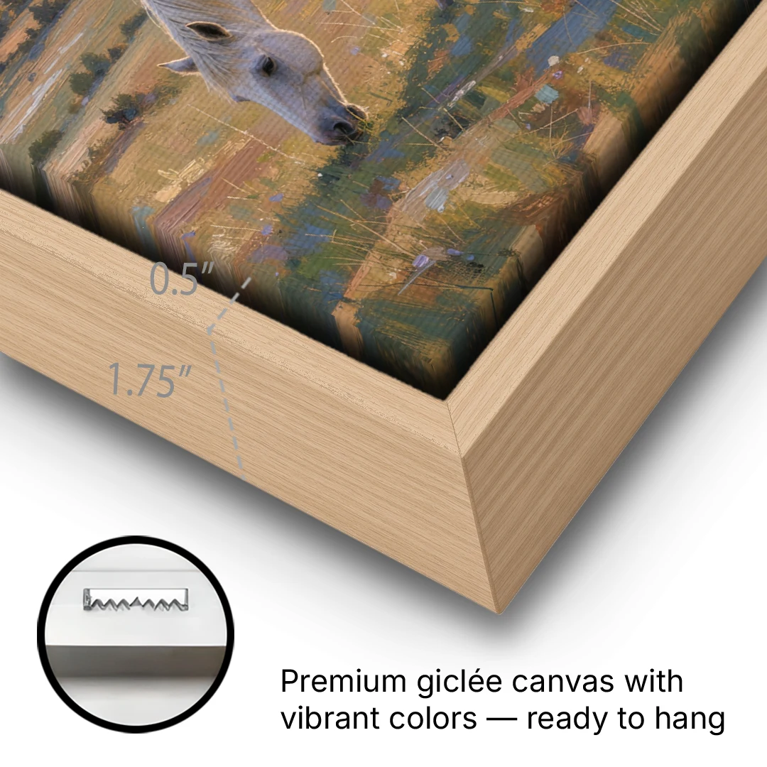 Farmhouse White Horse Grazing at Twilight - Oak Framed Canvas Wall Art - Gallery Wrap Corner