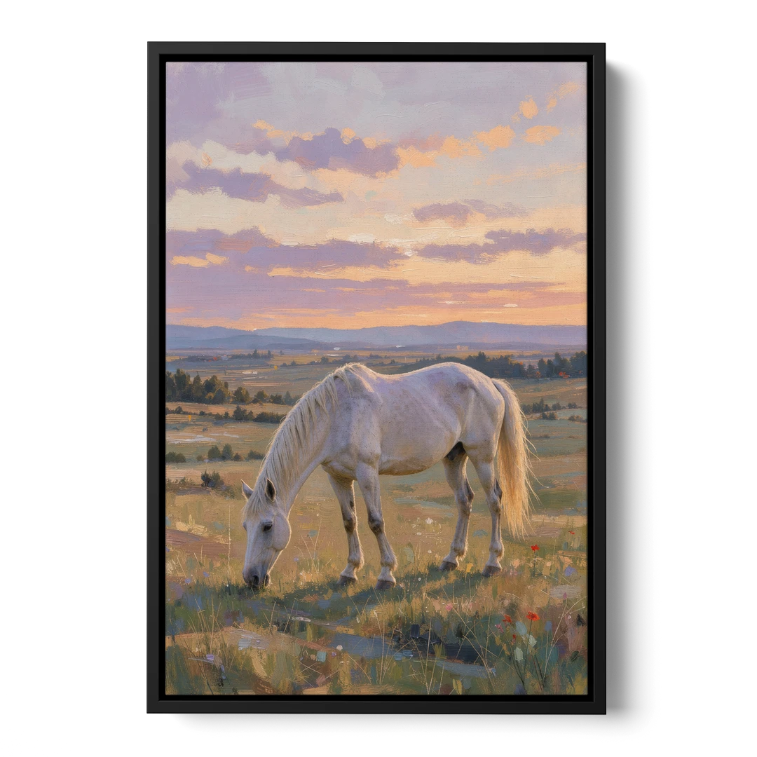 Farmhouse White Horse Grazing at Twilight - Black Framed Canvas Wall Art - Front