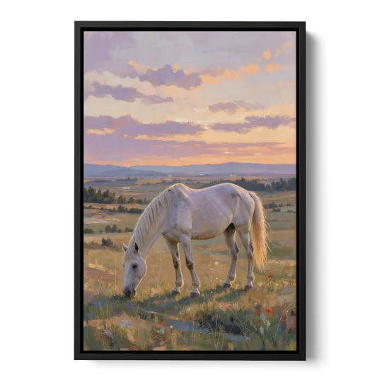 Farmhouse White Horse Grazing at Twilight - Black Framed Canvas Wall Art - Front