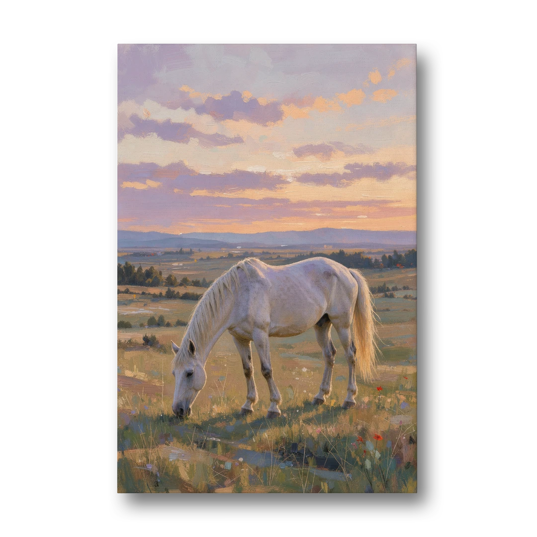Farmhouse White Horse Grazing at Twilight - Canvas Wall Art - Front