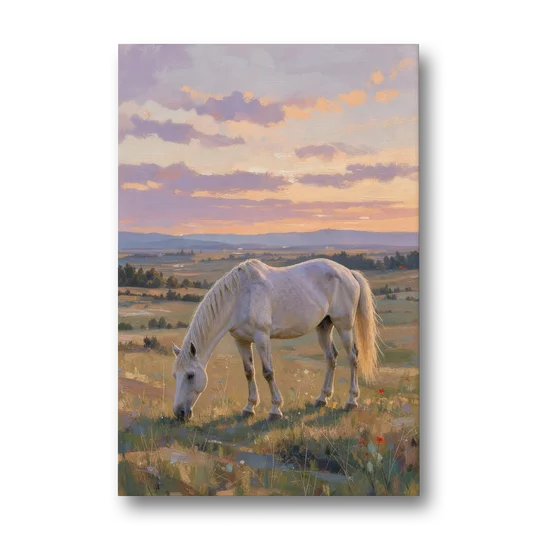 Farmhouse White Horse Grazing at Twilight - Canvas Wall Art - Front