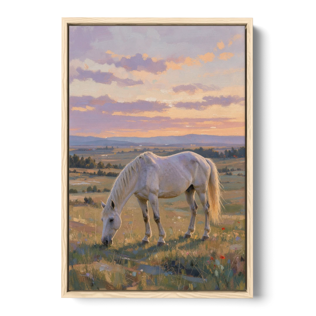 Farmhouse White Horse Grazing at Twilight - Oak Framed Canvas Wall Art - Front
