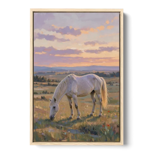Farmhouse White Horse Grazing at Twilight - Oak Framed Canvas Wall Art - Front
