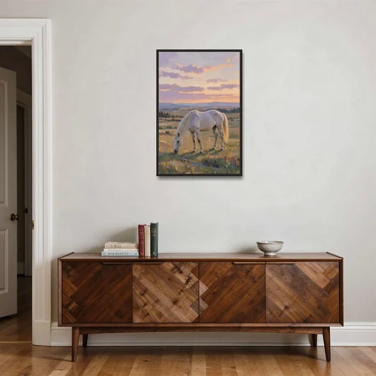 Farmhouse White Horse Grazing at Twilight - Black Framed Canvas Wall Art - Coffee Table - 24x36