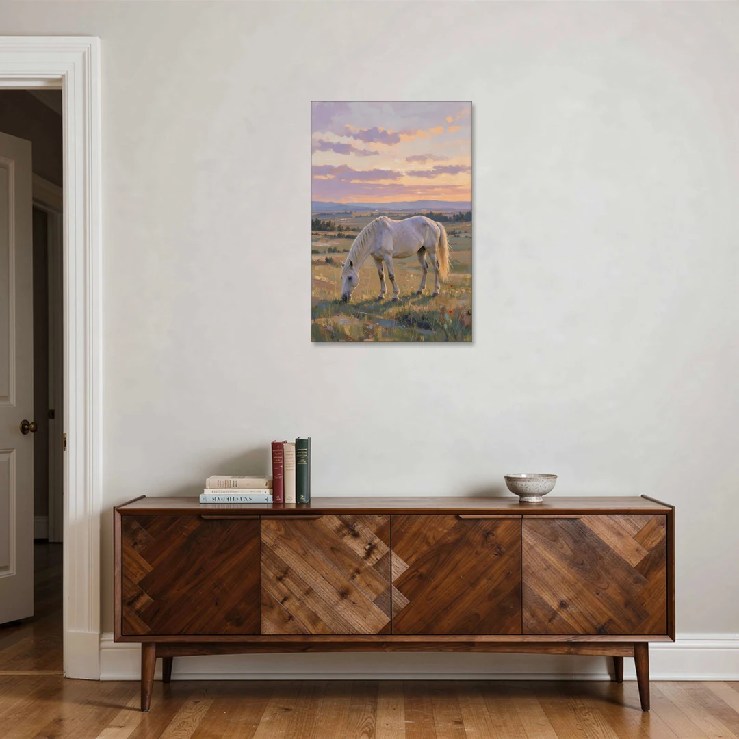 Farmhouse White Horse Grazing at Twilight - Canvas Wall Art - Coffee Table - 24x36
