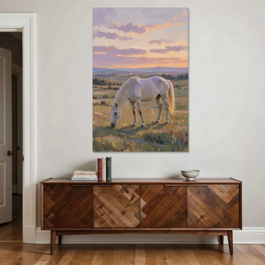 Farmhouse White Horse Grazing at Twilight - Canvas Wall Art - Coffee Table - 40x60