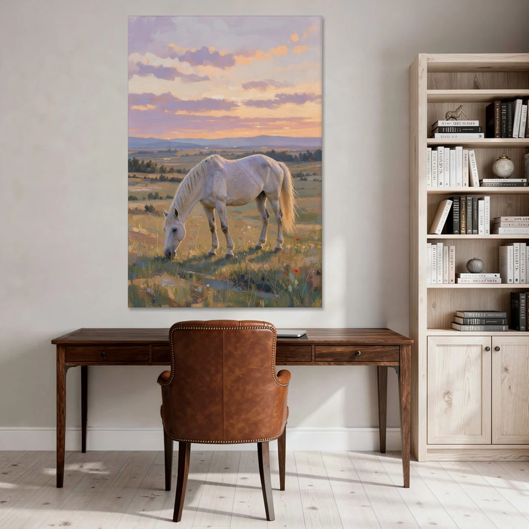 Farmhouse White Horse Grazing at Twilight - Canvas Wall Art - Office - 40x60