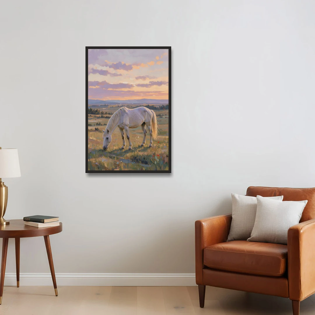 Farmhouse White Horse Grazing at Twilight - Black Framed Canvas Wall Art - Sofa - 24x36