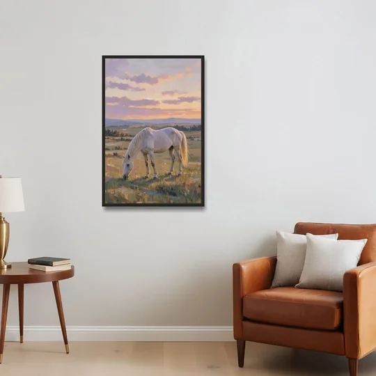 Farmhouse White Horse Grazing at Twilight - Black Framed Canvas Wall Art - Sofa - 24x36