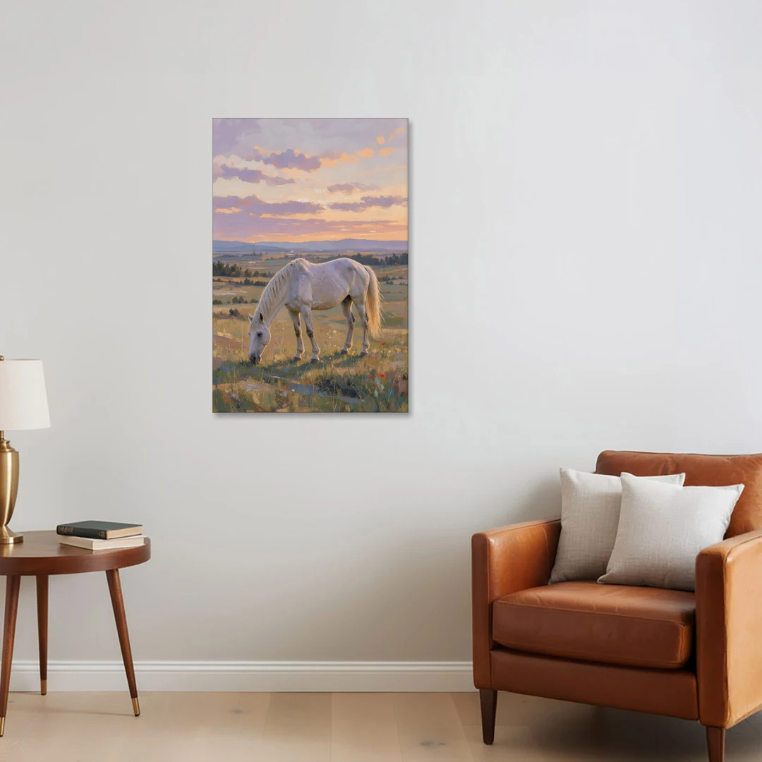 Farmhouse White Horse Grazing at Twilight - Canvas Wall Art - Sofa - 24x36