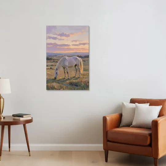Farmhouse White Horse Grazing at Twilight - Canvas Wall Art - Sofa - 24x36