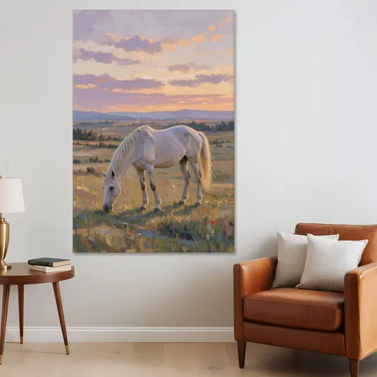 Farmhouse White Horse Grazing at Twilight - Canvas Wall Art - Sofa - 40x60