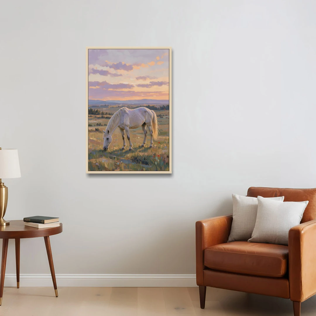 Farmhouse White Horse Grazing at Twilight - Oak Framed Canvas Wall Art - Sofa - 24x36