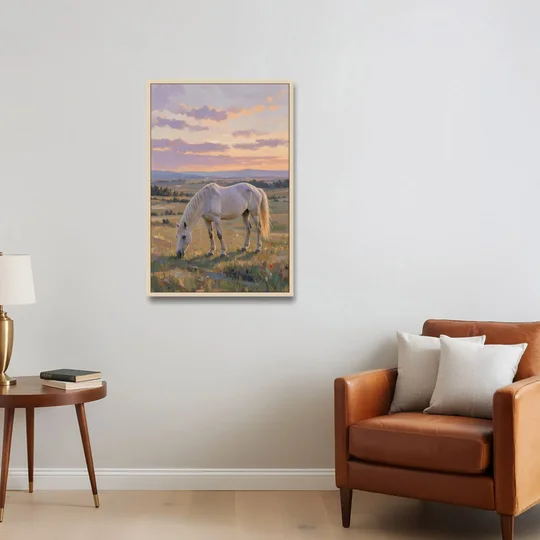 Farmhouse White Horse Grazing at Twilight - Oak Framed Canvas Wall Art - Sofa - 24x36