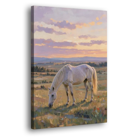 Farmhouse White Horse Grazing at Twilight - Canvas Wall Art - Side