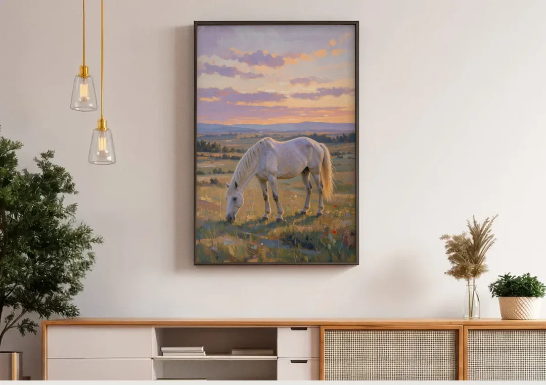 Farmhouse White Horse Grazing at Twilight canvas wall art above a wooden sideboard under pendant lights
