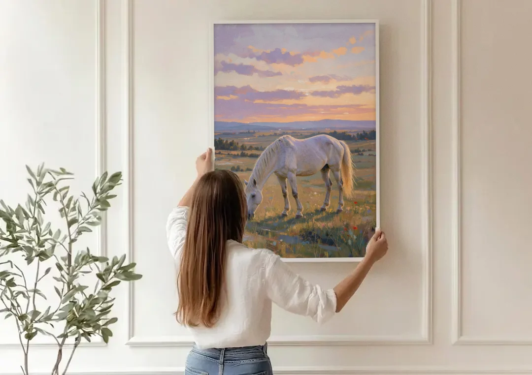 Farmhouse White Horse Grazing at Twilight canvas wall art being hung on a paneled wall