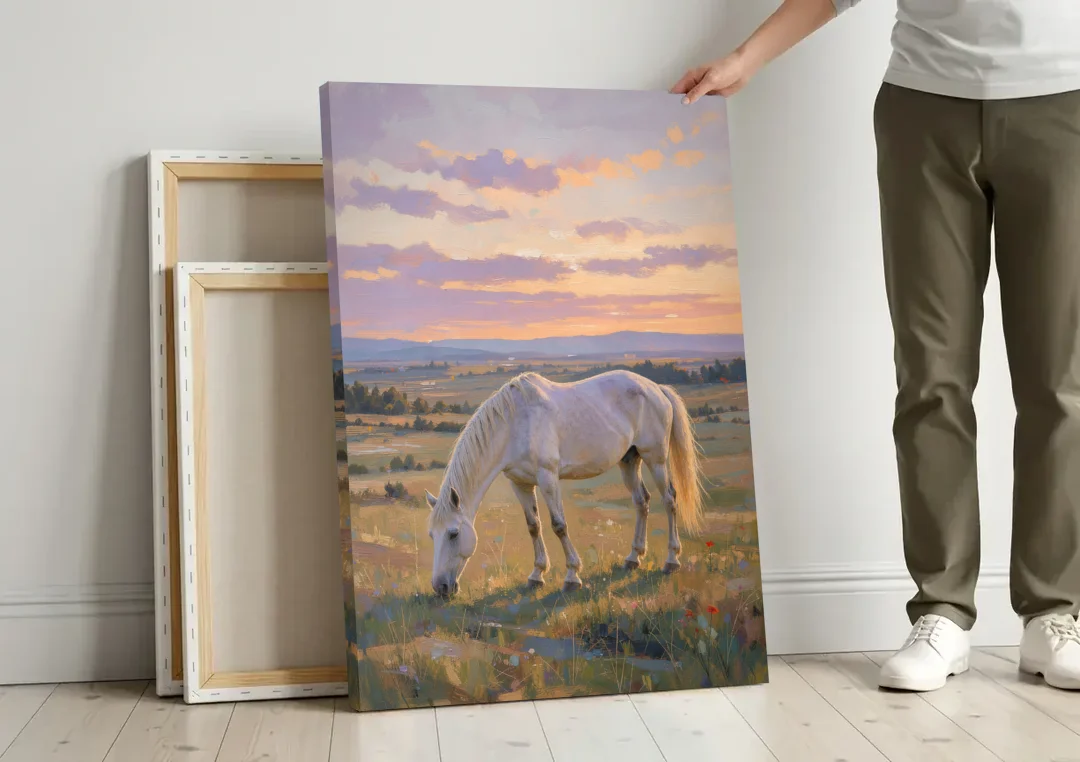 Farmhouse White Horse Grazing at Twilight canvas wall art leaning against a wall next to blank canvases