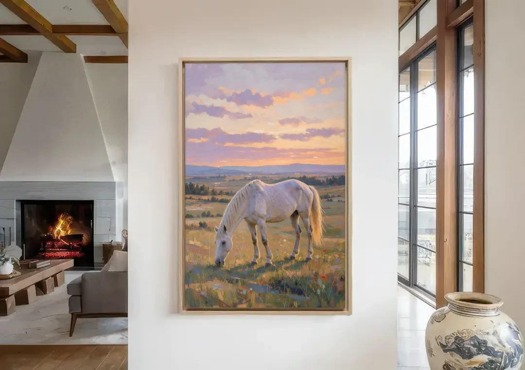 Farmhouse White Horse Grazing at Twilight canvas wall art in a living room with a fireplace
