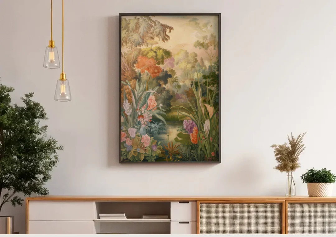 Fayetteville Botanical Gardens canvas wall art above a wooden sideboard under pendant lights