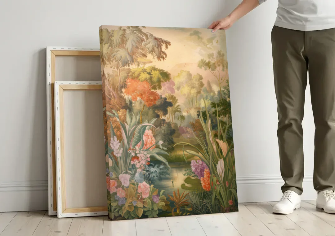 Fayetteville Botanical Gardens canvas wall art leaning against a wall next to blank canvases