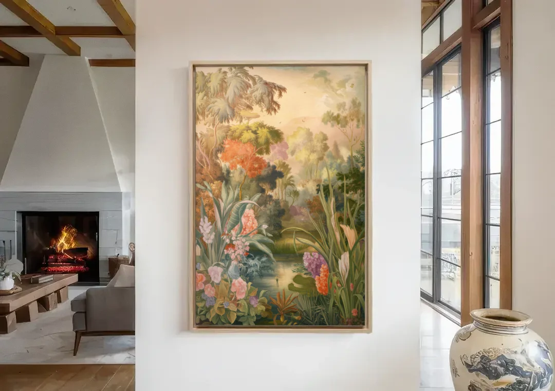 Fayetteville Botanical Gardens canvas wall art in a living room with a fireplace