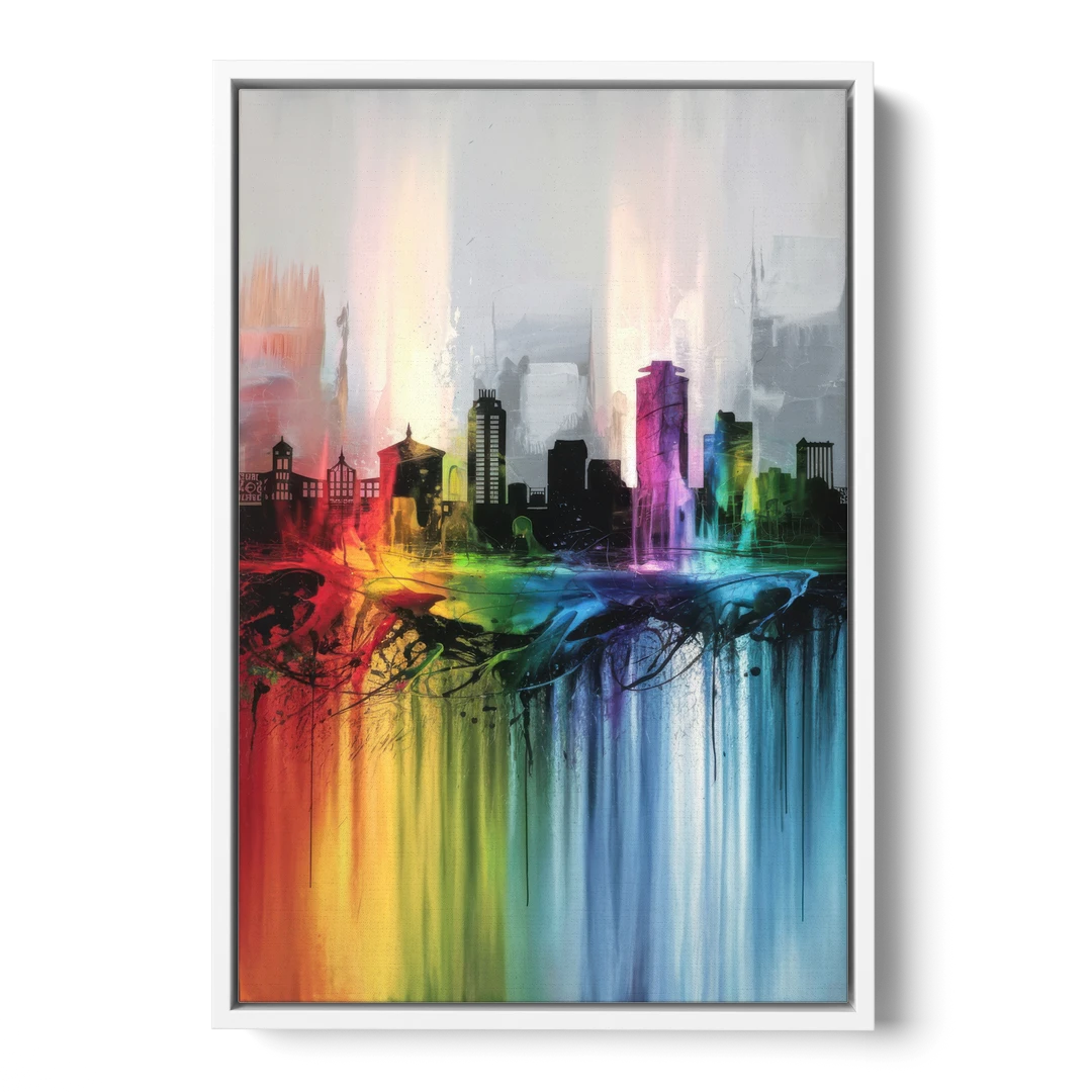 Fayetteville Downtown Skyline - White Framed Canvas Wall Art - Front