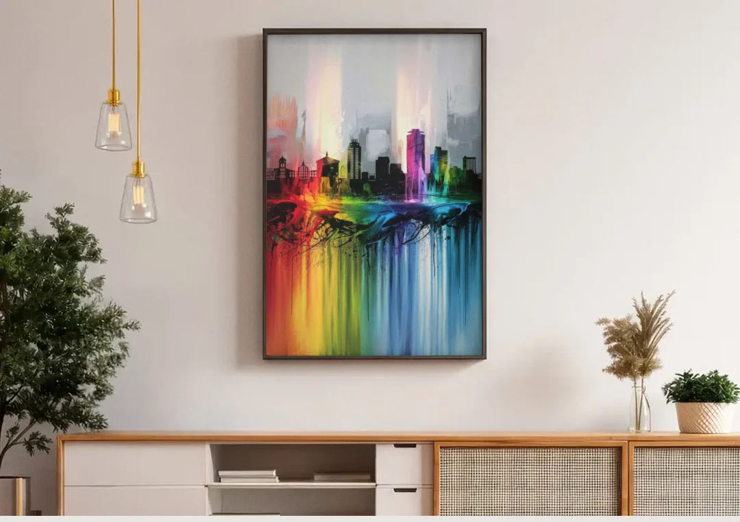 Fayetteville Downtown Skyline canvas wall art above a wooden sideboard under pendant lights
