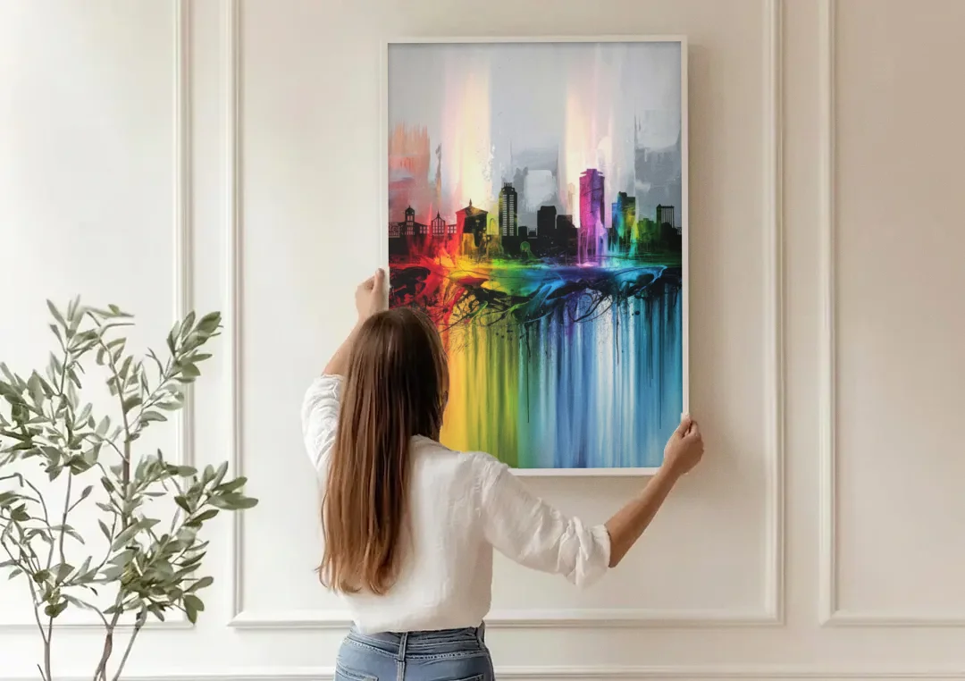Fayetteville Downtown Skyline canvas wall art being hung on a paneled wall
