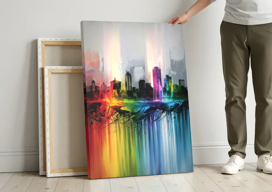 Fayetteville Downtown Skyline canvas wall art leaning against a wall next to blank canvases