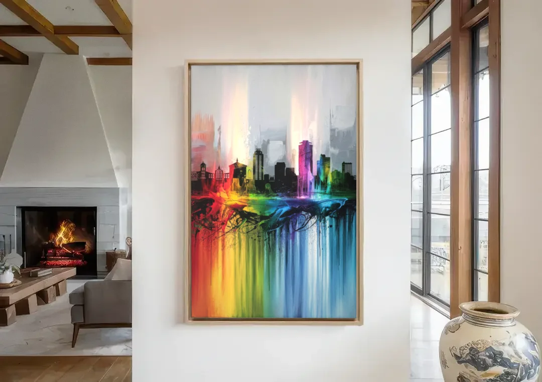 Fayetteville Downtown Skyline canvas wall art in a living room with a fireplace