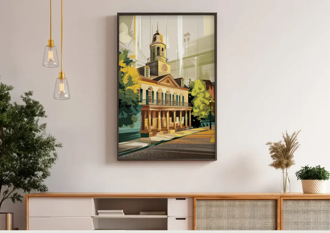 Fayetteville Historic Landmarks canvas wall art above a wooden sideboard under pendant lights