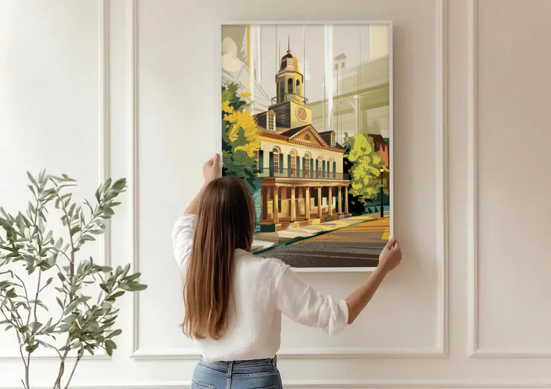 Fayetteville Historic Landmarks canvas wall art being hung on a paneled wall