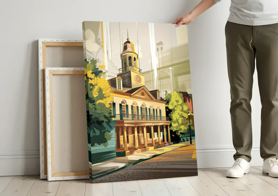 Fayetteville Historic Landmarks canvas wall art leaning against a wall next to blank canvases