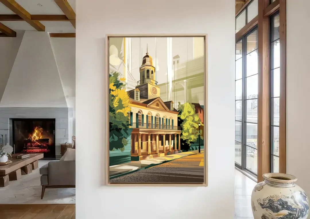 Fayetteville Historic Landmarks canvas wall art in a living room with a fireplace