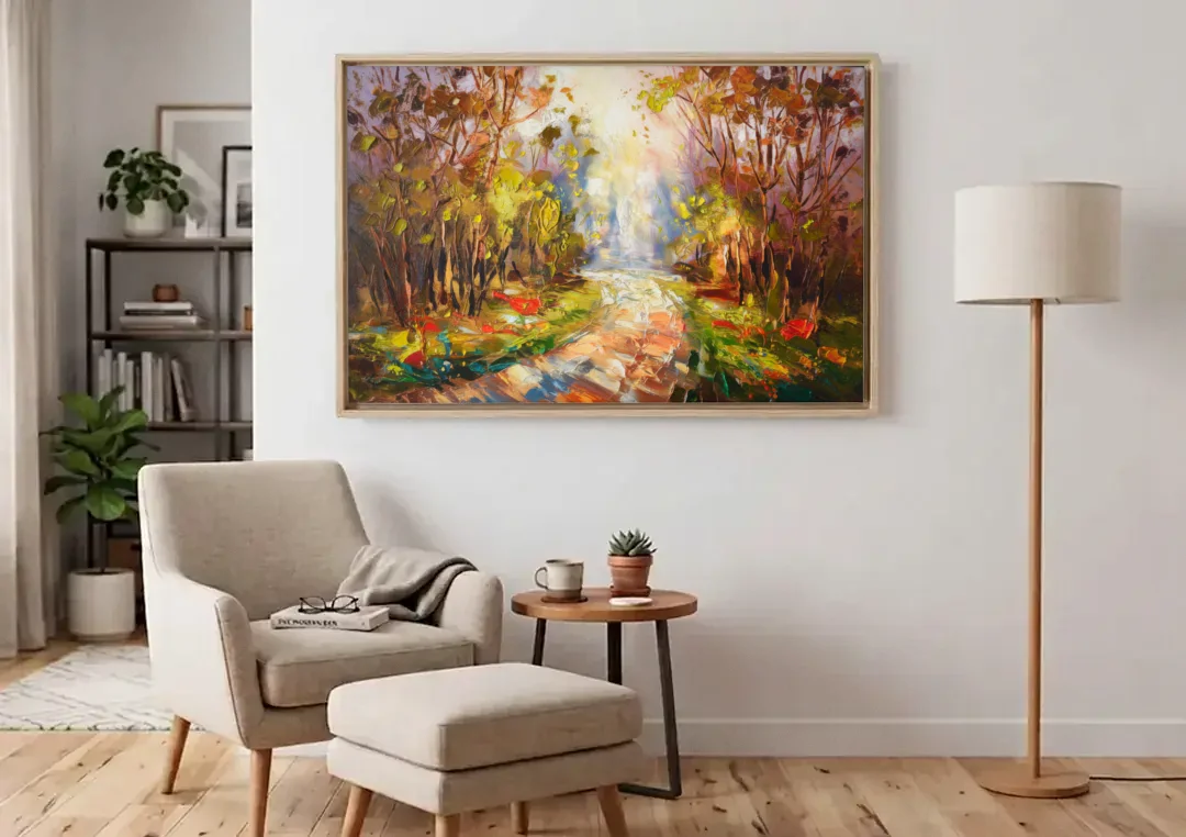Fayetteville Nature Escape canvas wall art above an armchair in a bright living room