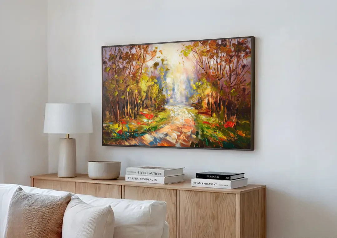 Fayetteville Nature Escape canvas wall art above a wooden sideboard next to a sofa