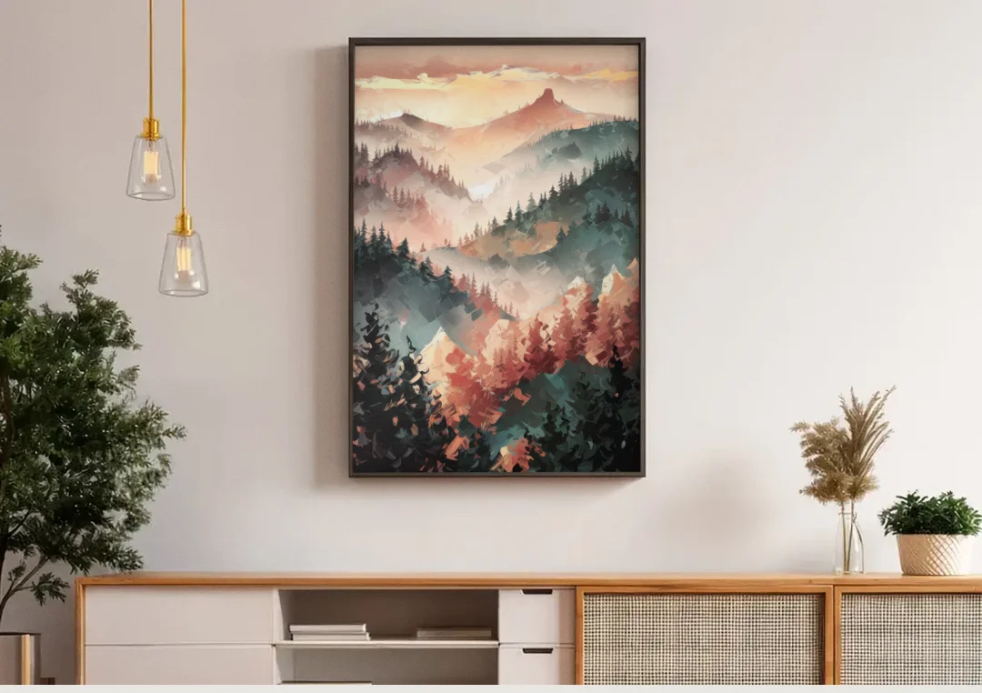 Fayetteville Ozark Mountains canvas wall art above a wooden sideboard under pendant lights