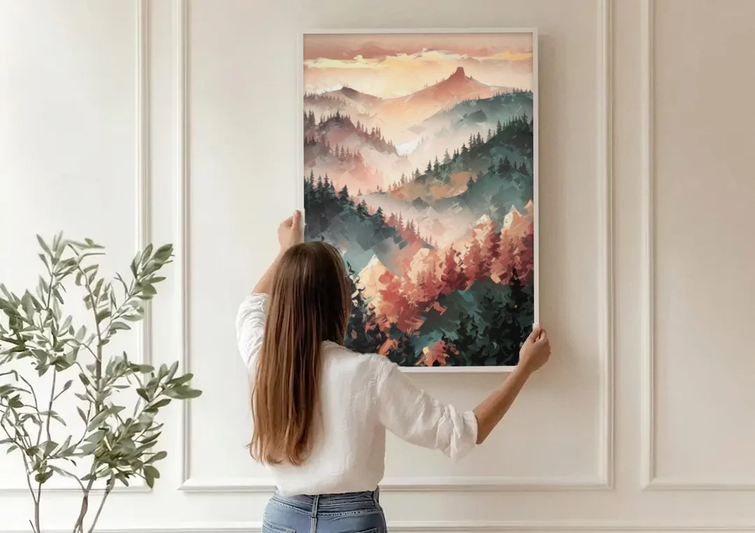 Fayetteville Ozark Mountains canvas wall art being hung on a paneled wall
