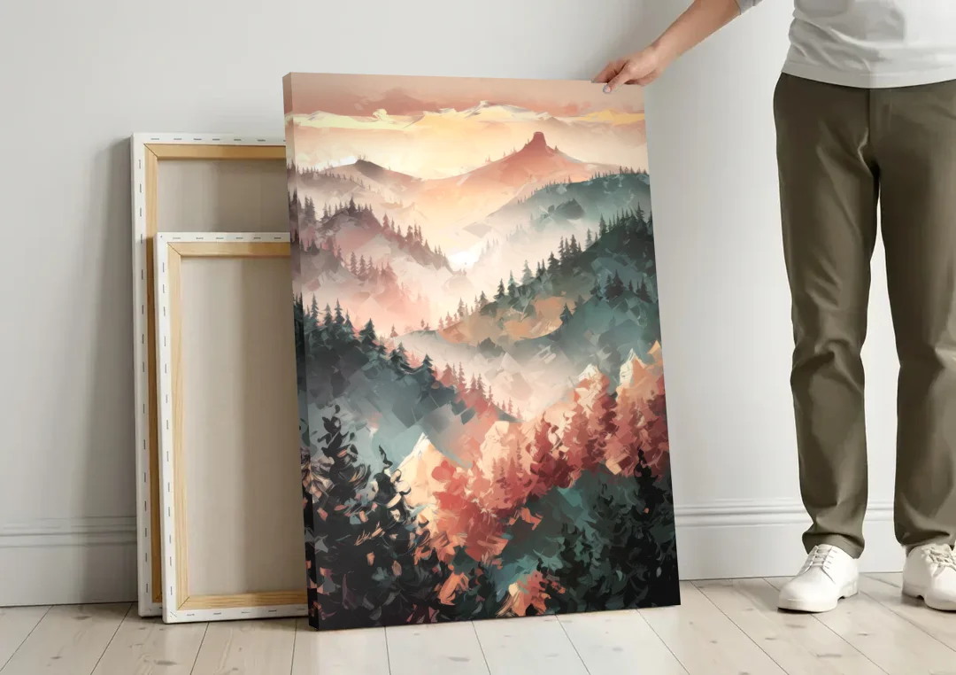 Fayetteville Ozark Mountains canvas wall art leaning against a wall next to blank canvases