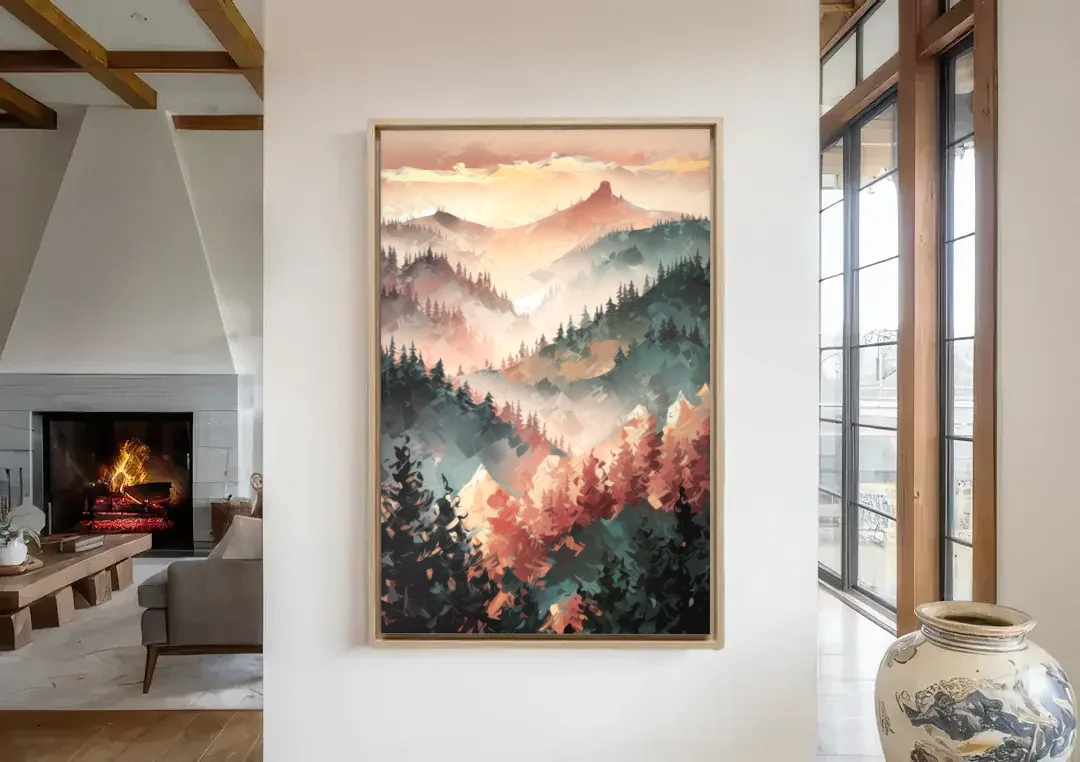 Fayetteville Ozark Mountains canvas wall art in a living room with a fireplace