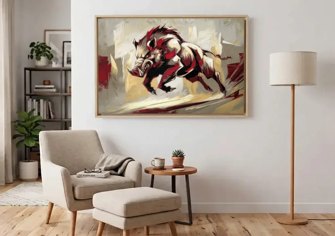 Arkansas Razorbacks Pride canvas wall art above an armchair in a bright living room