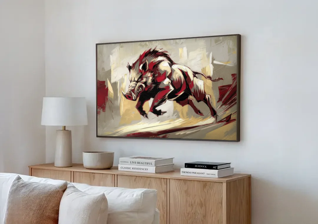 Arkansas Razorbacks Pride canvas wall art above a wooden sideboard next to a sofa