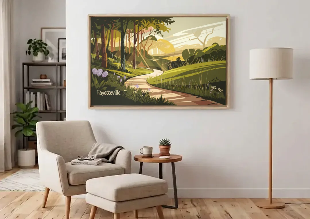 Fayetteville Scenic Trails canvas wall art above an armchair in a bright living room
